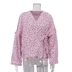 Champray Printed Loose Top V neck Long Sleeve Lace up Cardigan Shirt Women Clothing