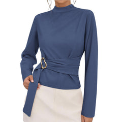 Women Office Solid Color Long Sleeve Belt Buckle Decorative Top