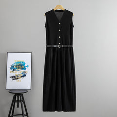 Summer Wear French Sleeveless Knitted Vest Pleated Elegant Dress Belt Cinched Slimming Maxi Dress Women