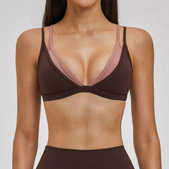 Nude Feel Beauty Back Yoga Bra Faux Two Piece Contrast Color Outdoor Casual Sports Workout Underwear Women