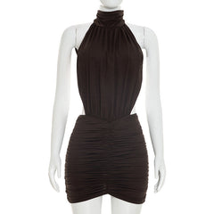 Women Clothing Summer Solid Color Small Turtleneck Sleeveless Sexy Backless Ruffle Hip Dress