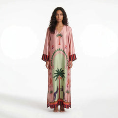 Spring Autumn Long Sleeved Positioning Satin Printed Dress Loose Split Dress