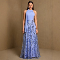Summer Autumn Halter Elastic Ribbon Stitching Ruffle Embroidered Piece A Swing Evening Dress Party Dress