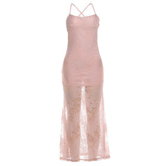 Summer Women Clothing Slim Fit Sexy Sling Low Collar Mesh Tied Dress