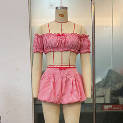 Women Clothing Summer Plaid Sexy Bow Tube Top Sexy Short Skirt Two Piece Sets