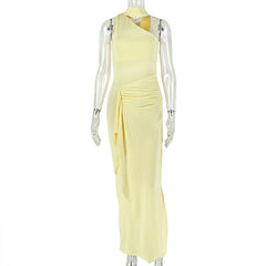 All Matching Graceful Women Pleated Slim Fit Sheath Dress Diagonal Collar Sleeveless Solid Color Dress