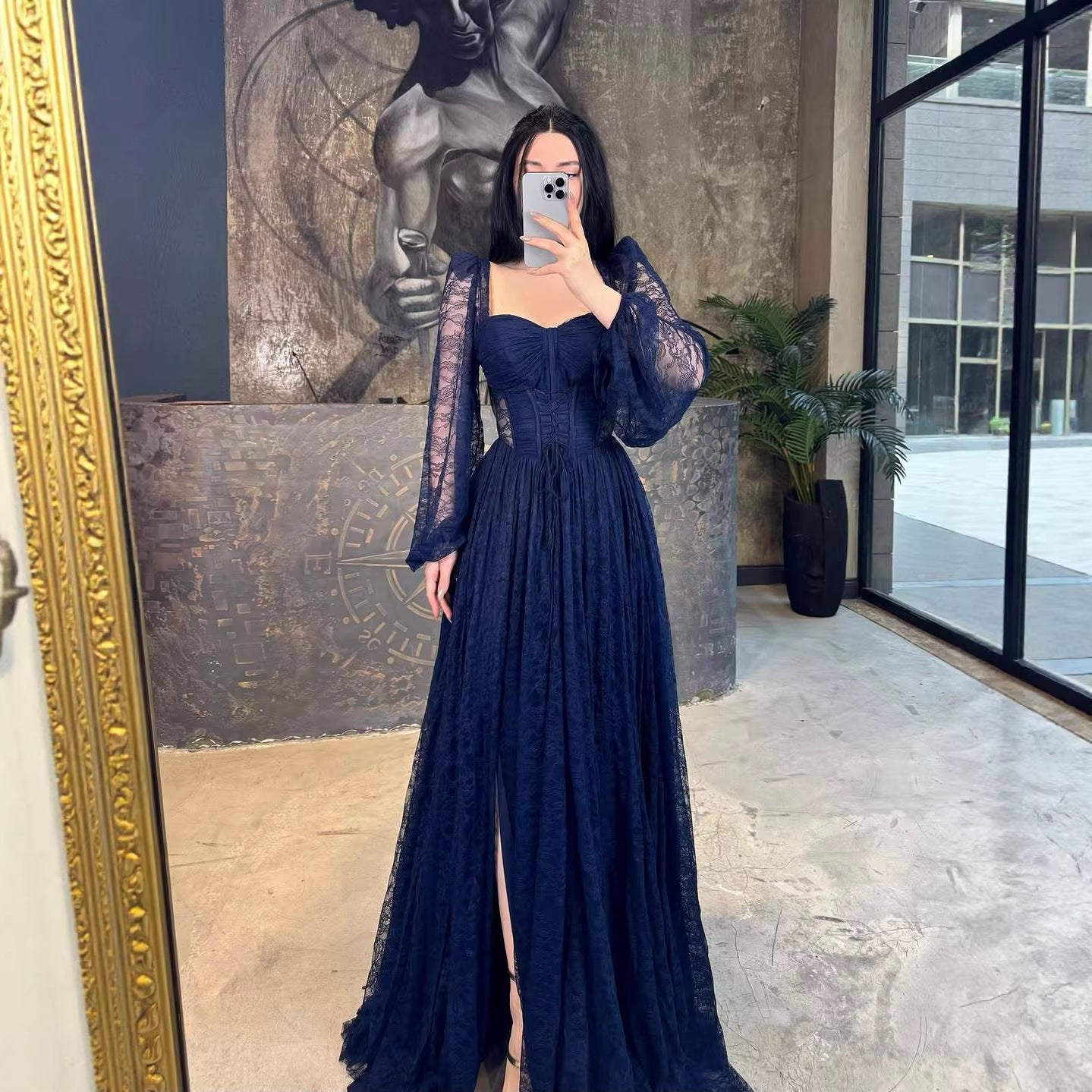Lace Waist Controlled Long Sleeves Dress Elegant Dress