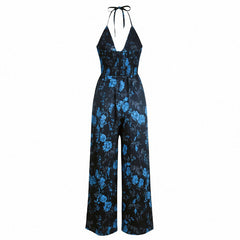 Bohemian Halter Jumpsuit Women Summer Printed High Waist Wide Leg Pants Seaside Vacation Jumpsuit