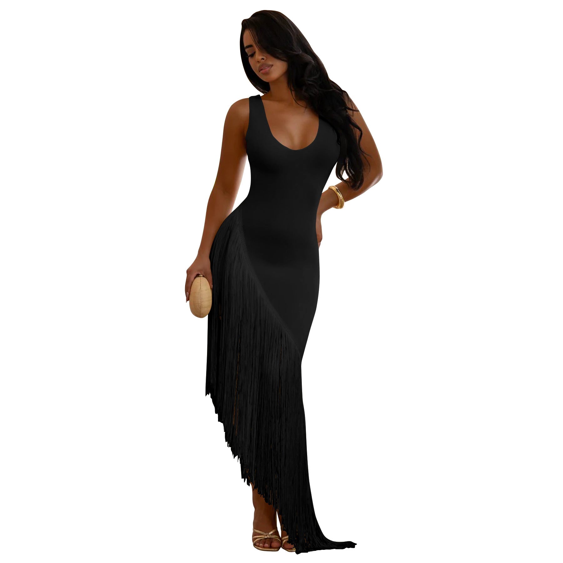 Women Sexy Strap Backless Tassel Stitching U Neck Dress