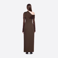 Spring Dark Brown One Shoulder Dress Pleated High Slit Maxi Dress the Dinner Party Host