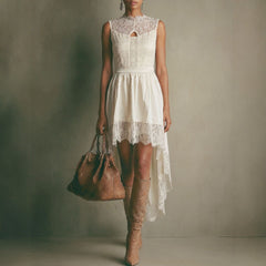 French Lace Hollow Out Cutout Sleeveless Dress Women Summer Vacation Irregular Asymmetric High Waist Dress without Belt