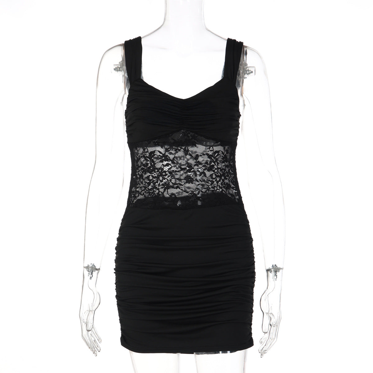 Women Clothing Short Summer Solid Color Sleeveless Sexy Lace Stitching Ruffle Hip Dress