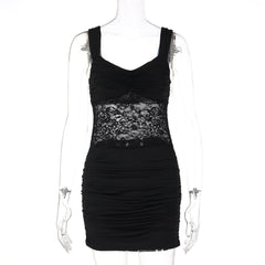 Women Clothing Short Summer Solid Color Sleeveless Sexy Lace Stitching Ruffle Hip Dress