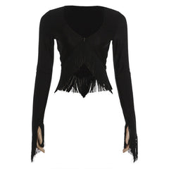 Summer Women Sexy Cropped Large V neck Tassel Long Sleeved Top
