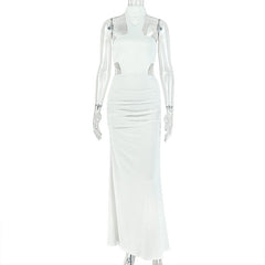 Solid Color Women Slim Fit Chest Wrapped Hip Dress Hanging Collar Sleeveless Split Evening Party Maxi Dress