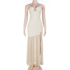 Spring Sexy Beads Decorative Mesh Splicing Sling Dress
