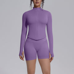 Seamless Knitted Long Sleeve Zipper Yoga Jacket Tight V Waist Yoga Shorts Fitness Yoga Wear Set for Women