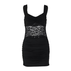 Women Clothing Short Summer Solid Color Sleeveless Sexy Lace Stitching Ruffle Hip Dress