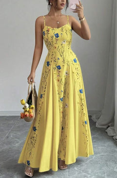 Summer Printed Waist Controlled Splicing Sling Maxi Dress Women Elegant Floral Dress