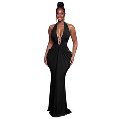 Women Clothing Elegant Halter V neck Sexy Backless Lace up Pleated Maxi Dress