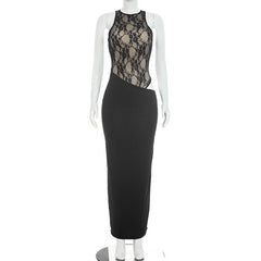 Women Clothing Autumn Solid Color Sexy Lace Stitching Sleeveless Waist Baring Slim Fit Maxi Dress