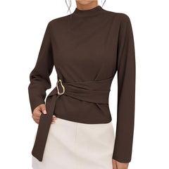 Women Office Solid Color Long Sleeve Belt Buckle Decorative Top