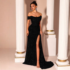 Strapless Black Evening Dress Sequined Slim Fit Slimming Fishtail Bridal Toast Dress Cocktail Evening Dress