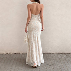 French Elegant Lace Stitching Ruffle Fitted Waist Backless Halter Dress Sexy Slim Vest Maxi Dress for Women