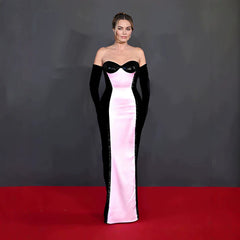Black White Pink Color Blocking Tube Top Dress Slim Fit Sheath Fishtail Dress Red Carpet Dinner Dress