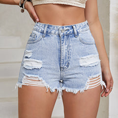 Women Clothing Holes Denim Shorts
