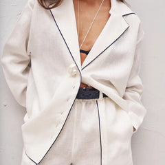 Women Clothing Shirt Casual Simple Polo Collar Long Sleeve Cardigan Top Shorts Two Piece Set