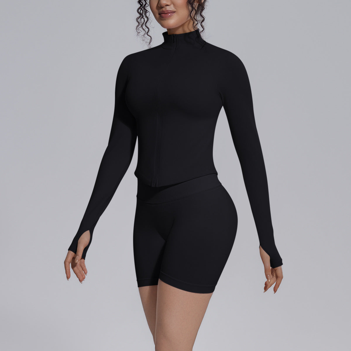 Seamless Knitted Long Sleeve Zipper Yoga Jacket Tight V Waist Yoga Shorts Fitness Yoga Wear Set for Women
