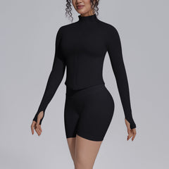 Seamless Knitted Long Sleeve Zipper Yoga Jacket Tight V Waist Yoga Shorts Fitness Yoga Wear Set for Women