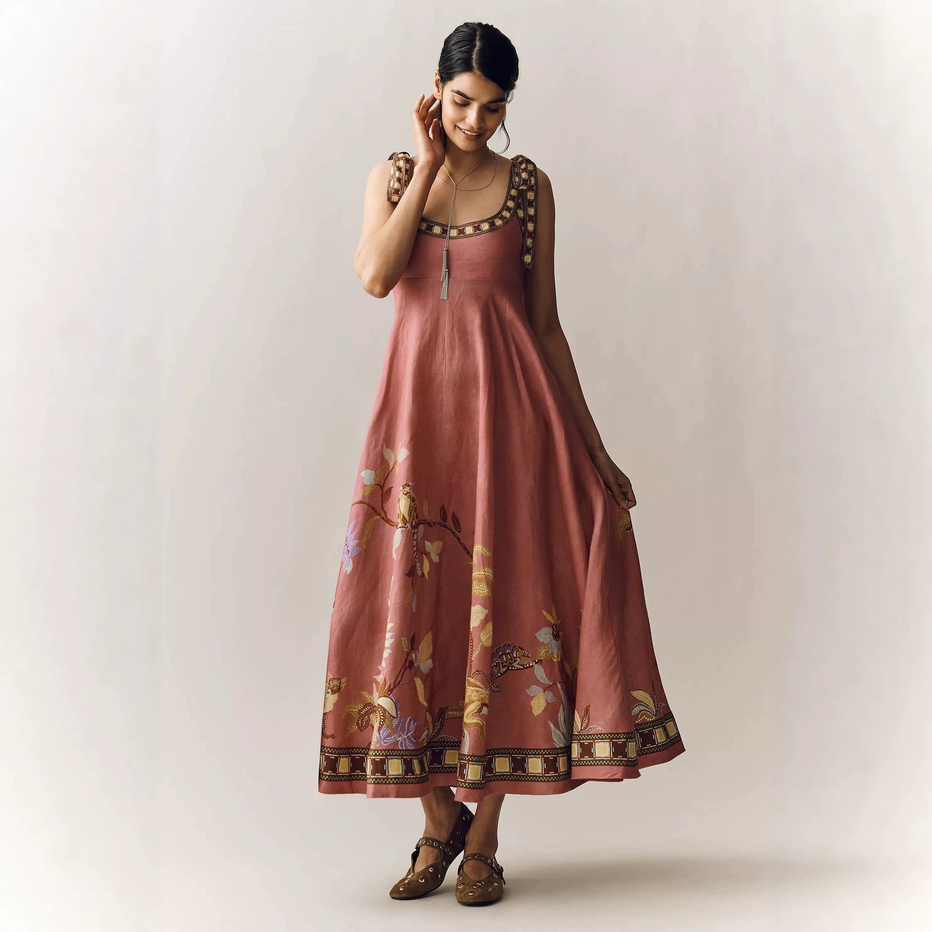 Positioning Printing Zipper Lace up Dress Pleated Pocket Dress