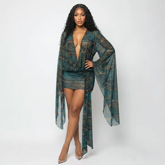 Women Clothing Summer Sexy Mesh Deep V Plunge neck Digital Printing Slim Mini Dress
