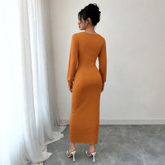 Elegant V Neck Pleating Long Sleeved Dress Waist Cinching Slimming Slit Hip Wrapped Mid Length Dress