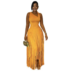 Women Clothing Solid Color Tassel Dress Elegant Slim Dress