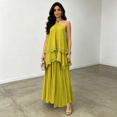 Modern Romantic Tiered Dress Halter Sleeveless Loose Profile Lace High Grade Dress