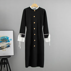 Autumn Hepburn Graceful Stand Collar Long Sleeve Chiffon Patchwork Dress Slim Fit Slimming Knitted Midi Dress