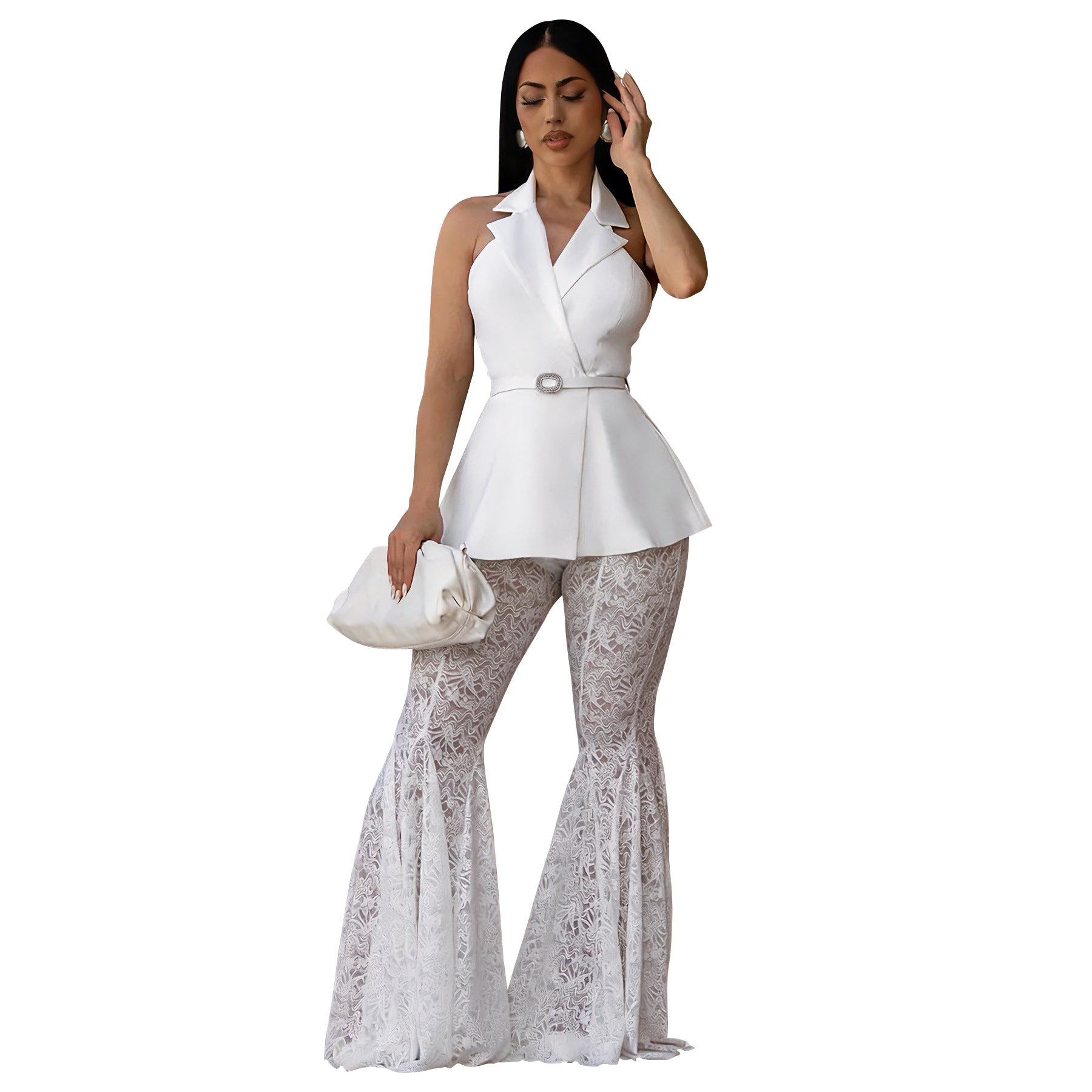 Sleeveless Backless Sexy Lace Bell Bottom Pants Two Piece Set
