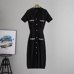 Summer Japanese Korean Women Clothing Classic V neck Short Sleeve Beaded Midi Dress Waist Tight Knitted Dress
