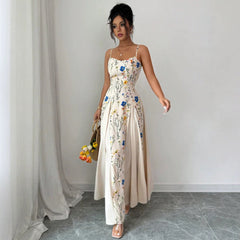 Summer Printed Waist Controlled Splicing Sling Maxi Dress Women Elegant Floral Dress