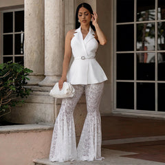 Sleeveless Backless Sexy Lace Bell Bottom Pants Two Piece Set