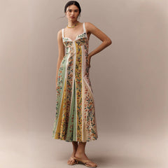 Spring Summer Suspender Positioning Linen Printing Dress Loose Vacation Dress