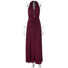 Women Clothing Sexy V neck Sleeveless Halter Pleated Waist Tight Slimming Evening Dress