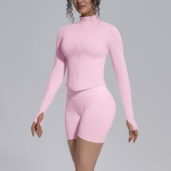 Seamless Knitted Long Sleeve Zipper Yoga Jacket Tight V Waist Yoga Shorts Fitness Yoga Wear Set for Women