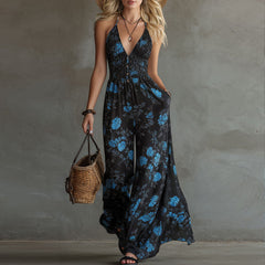 Bohemian Halter Jumpsuit Women Summer Printed High Waist Wide Leg Pants Seaside Vacation Jumpsuit