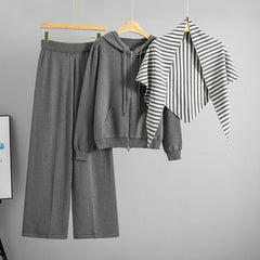 Fashionable Knitted Outer Shawl Three Piece Sets Women Autumn Winter Hooded Zip Cardigan Wide Leg Pants Triangular Binder