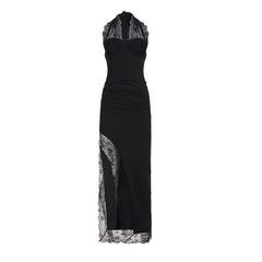 Elegance Black Lace Stitching Chest Halter Dress Sexy High Split Dinner Dress Women