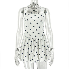 Black White Women Printed Wear Polka Dot Cinched Pleated A line Dress Halter Short Sleeveless Dress Tide